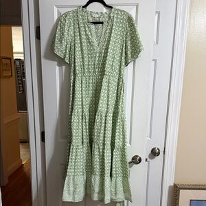 Crown & Ivy Green White Bamboo Lattice Print Tiered Flutter Sleeve Maxi Dress XL